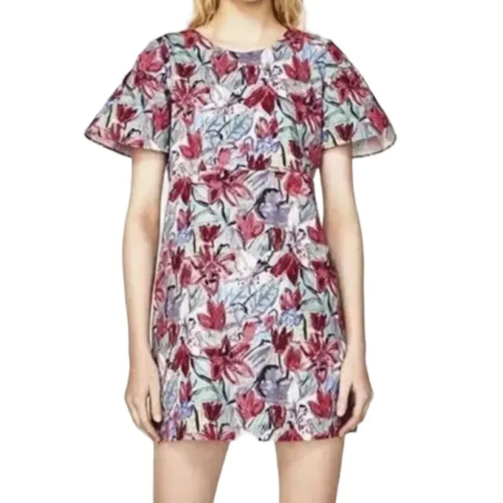 NWT Zara Multicolor Floral Mini Dress Size L Ruffled Short Sleeves Bow V Back - Picture 3 of 10